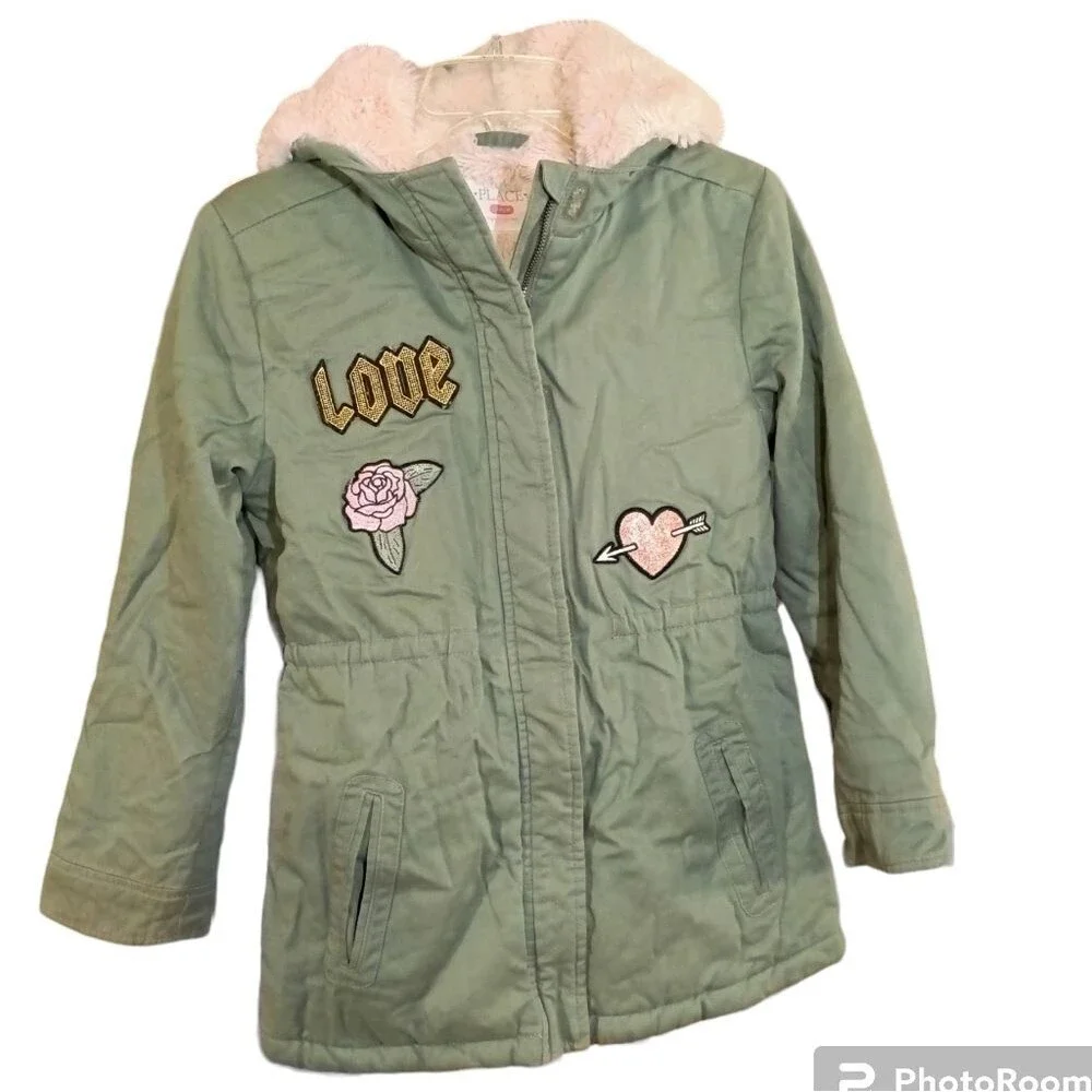 Place Girls Green Fur Lined 2 Pocket Long Jacket Sz L 10/12
